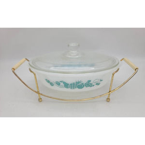 Vintage Glasbake Glass Oval 1Qt Casserole Lid And Metal Carrier Stand Pineapple